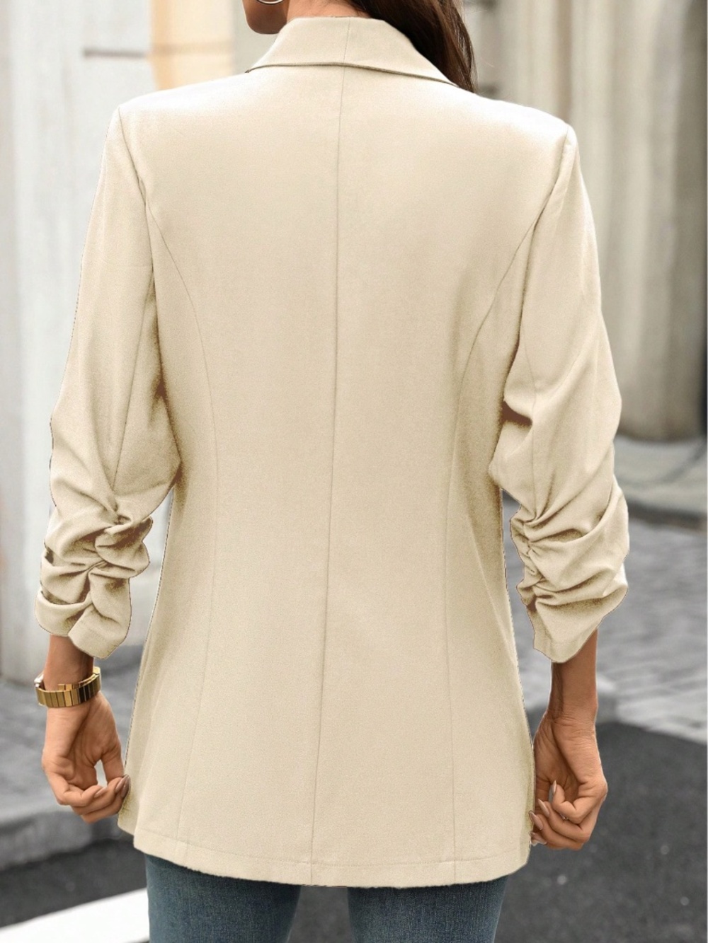 Classic Ruched 3/4 Sleeve Open Front Blazer Jacket Coat - Picture 4 of 8